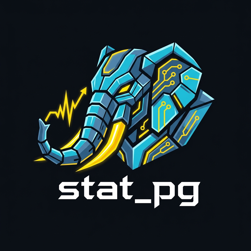 stat_pg official mascot — The Pulse Mecha: an angular mecha PostgreSQL elephant head in profile with glowing yellow tusks, circuit board traces, and a telemetry pulse waveform trunk
